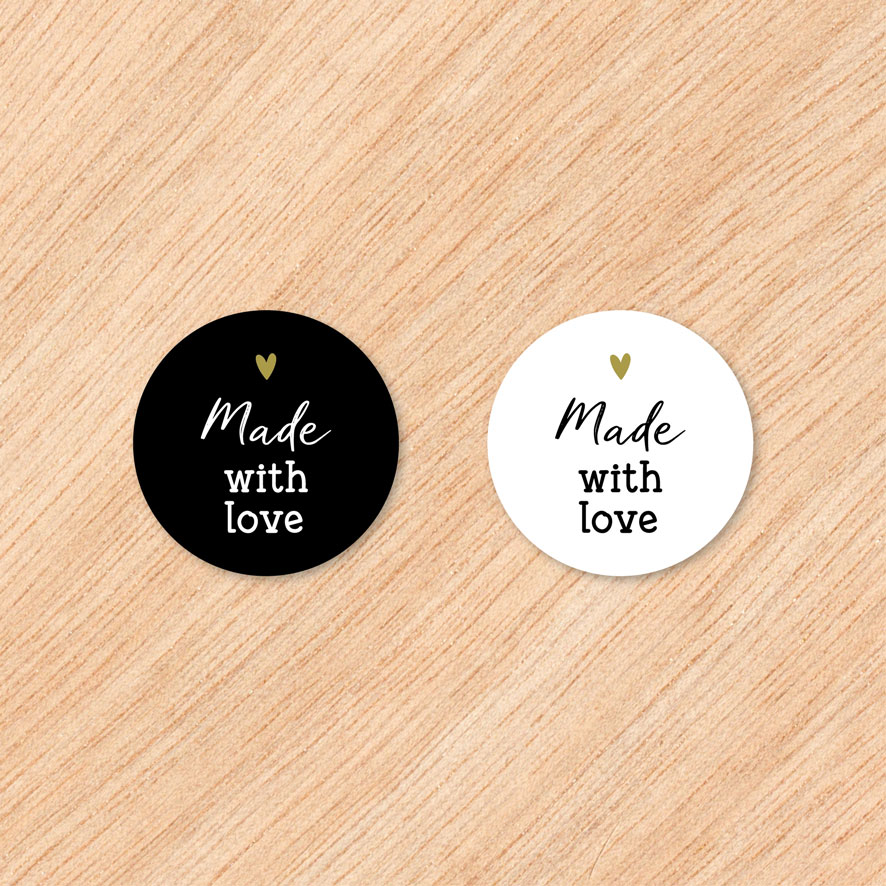 Stickers 'Made with love' hartje zwart, wit, goud rond 30mm en 40mm