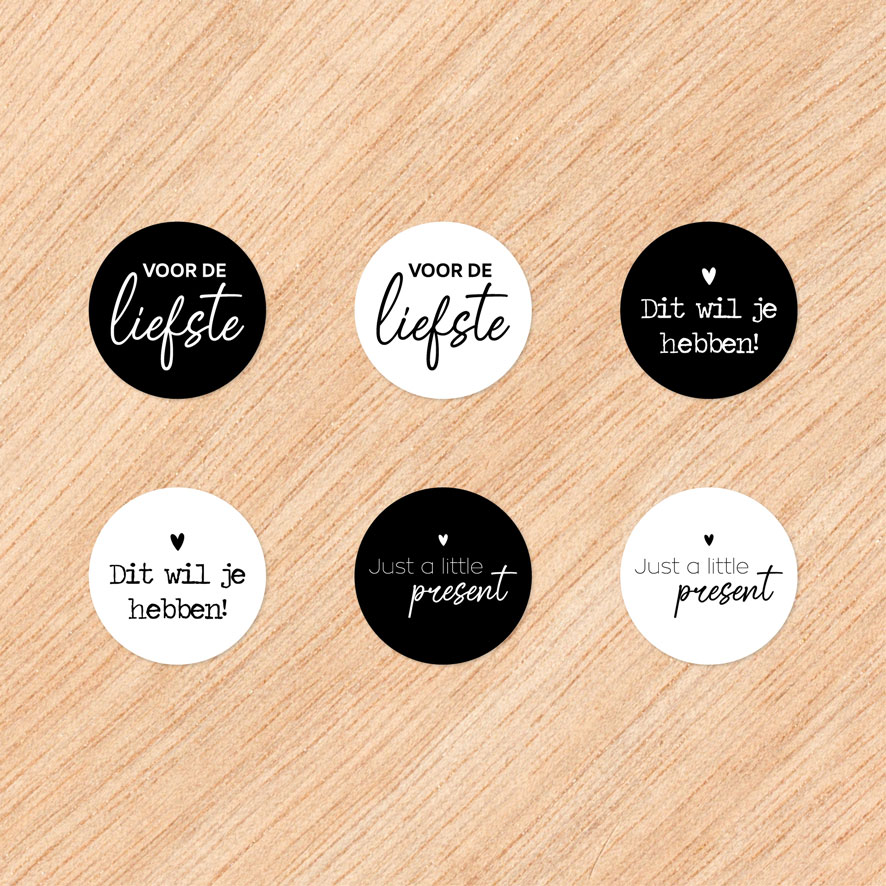 Stickers 'Voor de liefste' Combi Set zwart, wit rond 30mm en 40mm