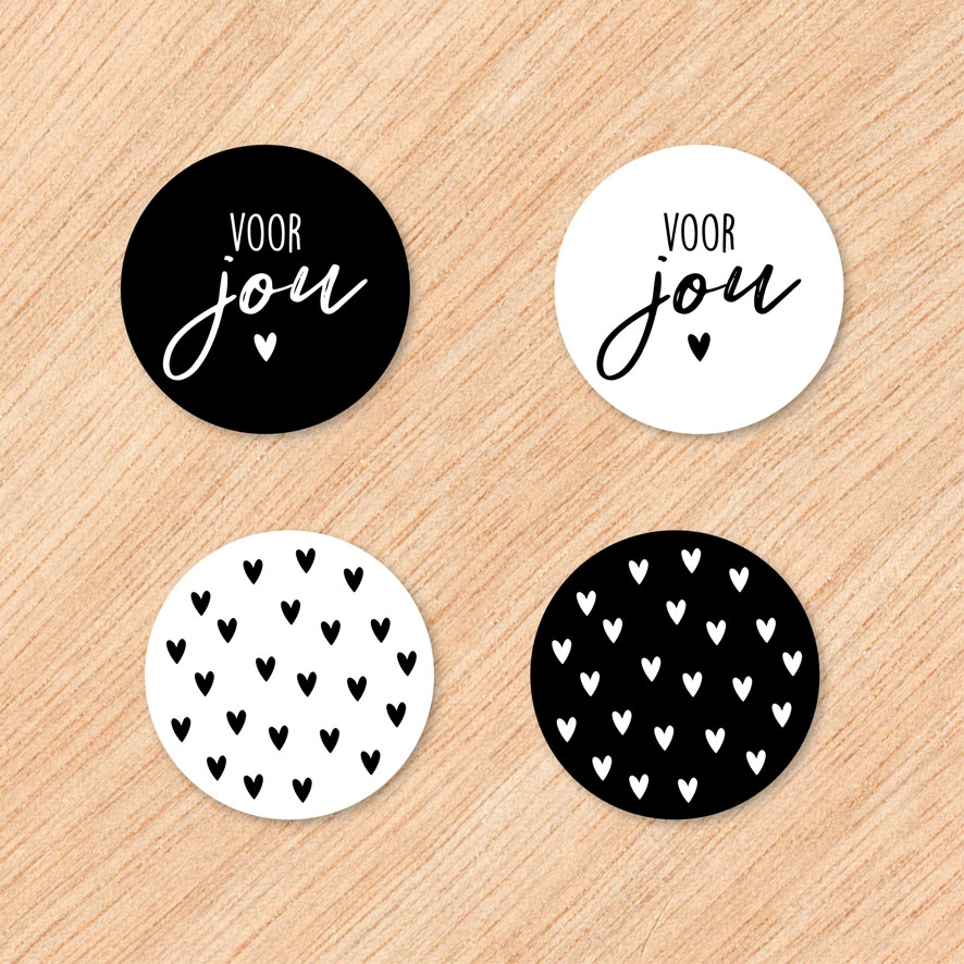 Stickers 'Voor jou' hartjes Combi Set zwart, wit rond 30mm en 40mm