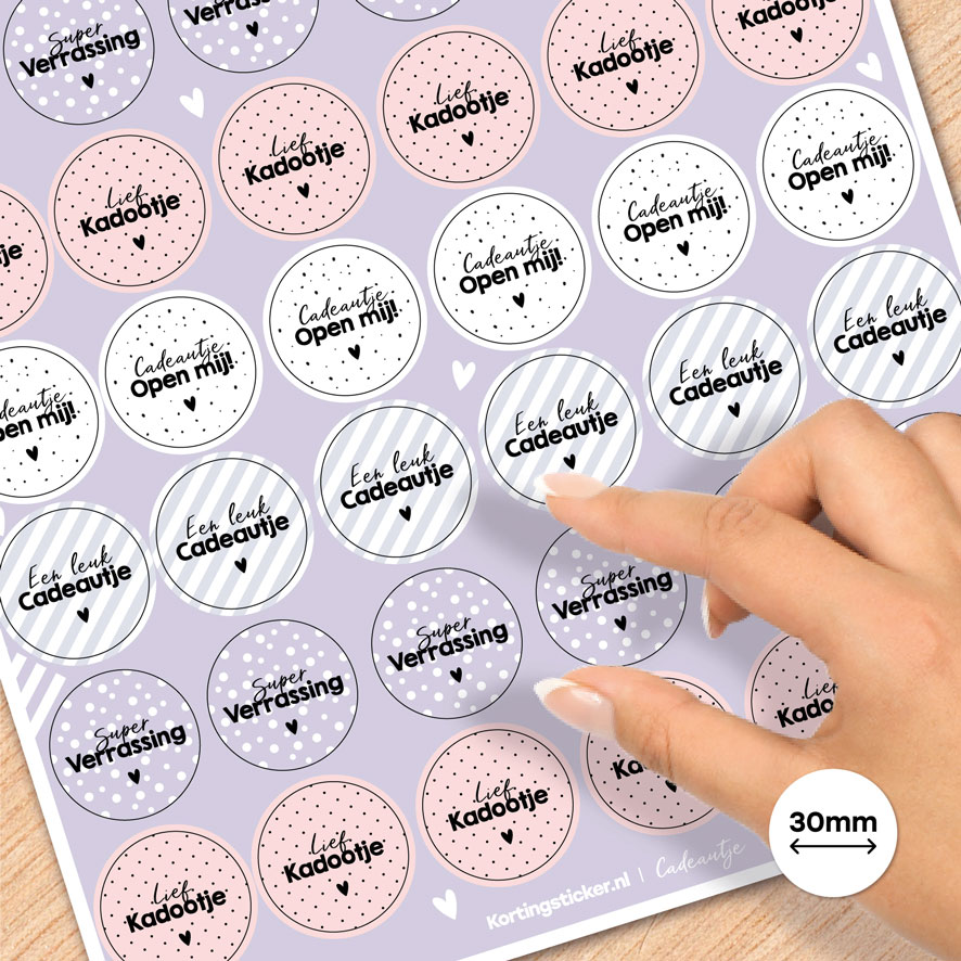 Stickervel A4 stickers 'Cadeautje' Combi set wit, lichtblauw, lichtpaars, lichtroze Combi Set rond 30mm