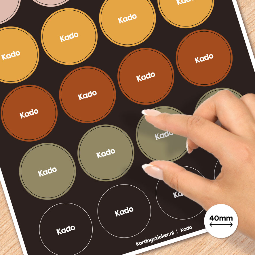Stickervel A4 stickers 'Kado' Combi Set roze, lichtroze, okergeel, lichtbruin, kaki, donkerbruin rond 40mm