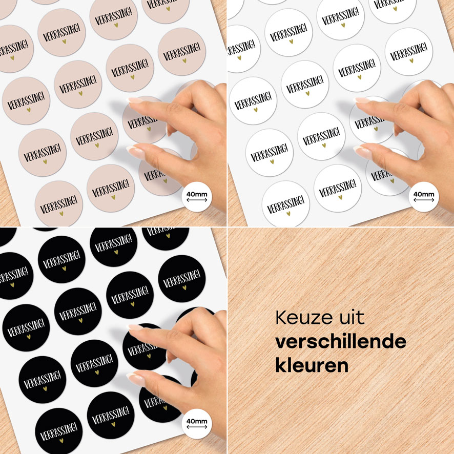 Stickervel A4 stickers 'Verrassing' hartje rond 40mm