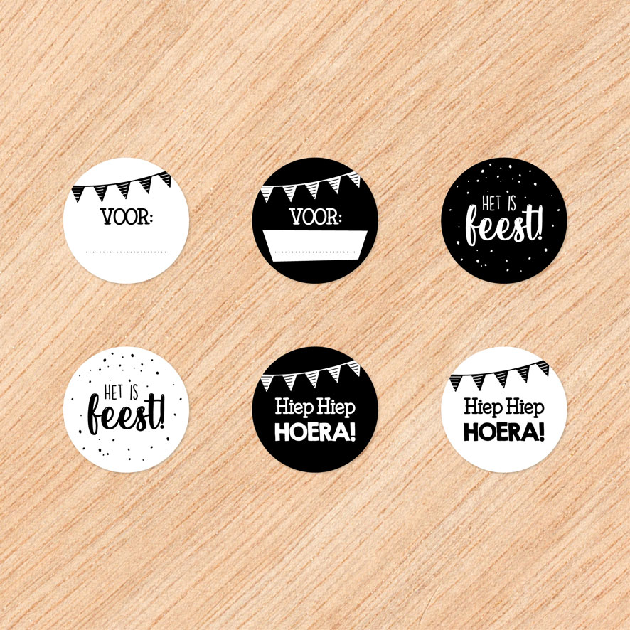 Stickers 'Feest' Combi Set zwart, wit rond 30mm en 40mm
