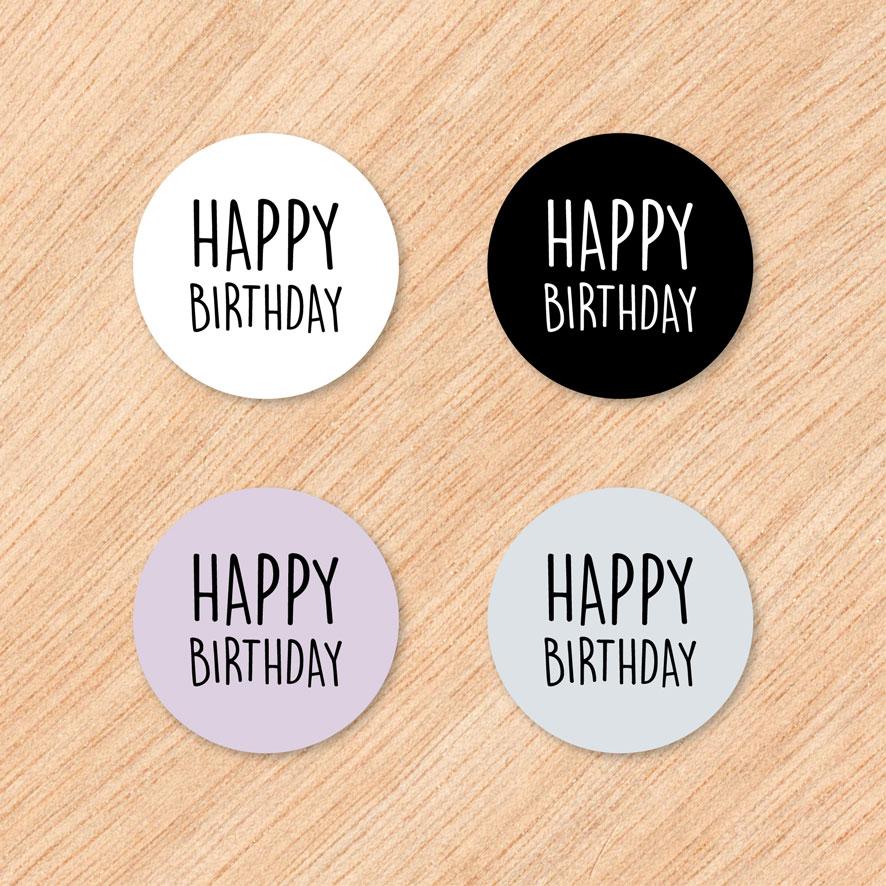 Stickers 'Happy birthday' Combi Set wit, zwart, lichtblauw, lichtpaars, rond 30mm en 40mm