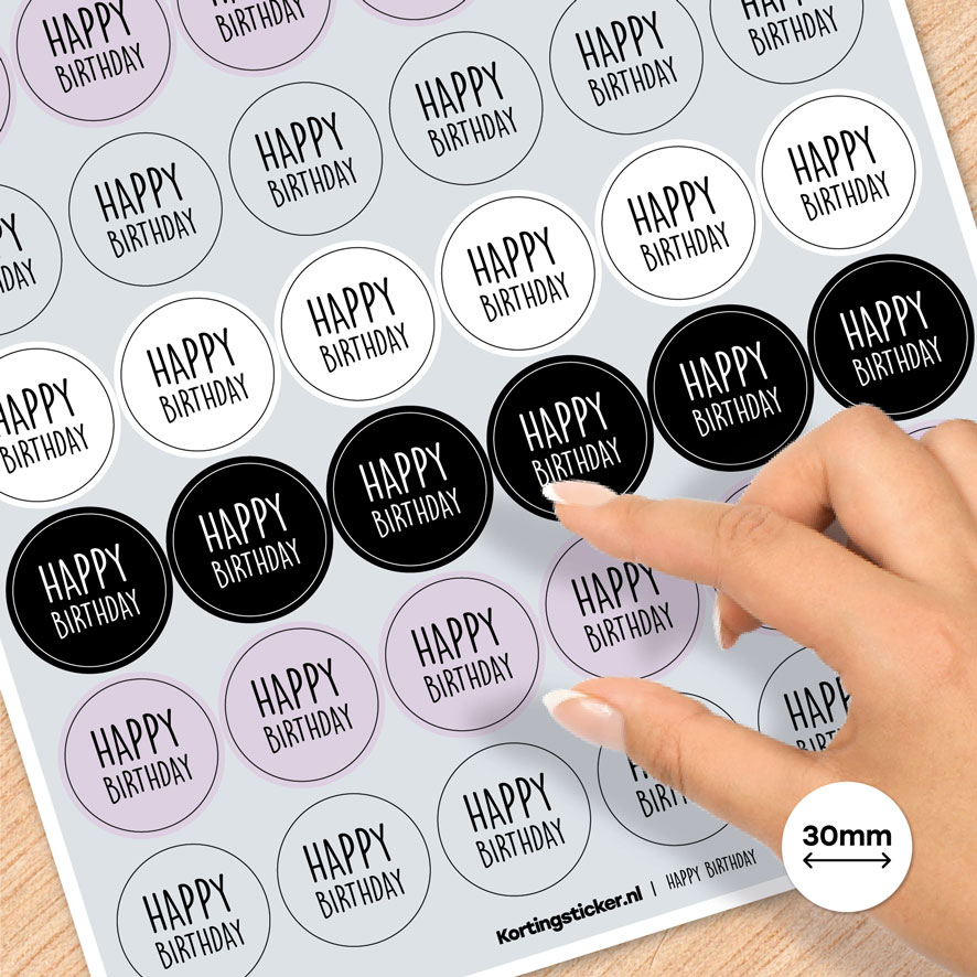 Stickervel A4 stickers 'Happy birthday' Combi Set wit, zwart, lichtblauw, lichtpaars, rond 30mm