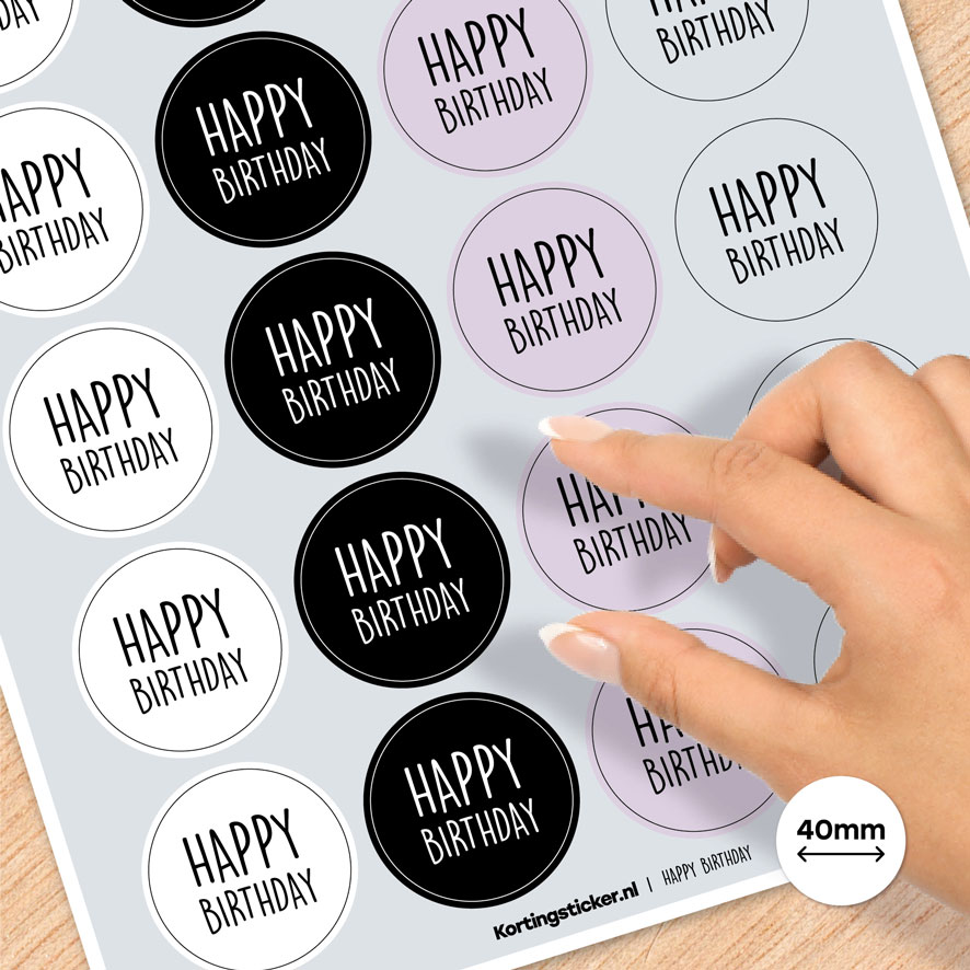 Stickervel A4 stickers 'Happy birthday' Combi Set wit, zwart, lichtblauw, lichtpaars, rond 40mm