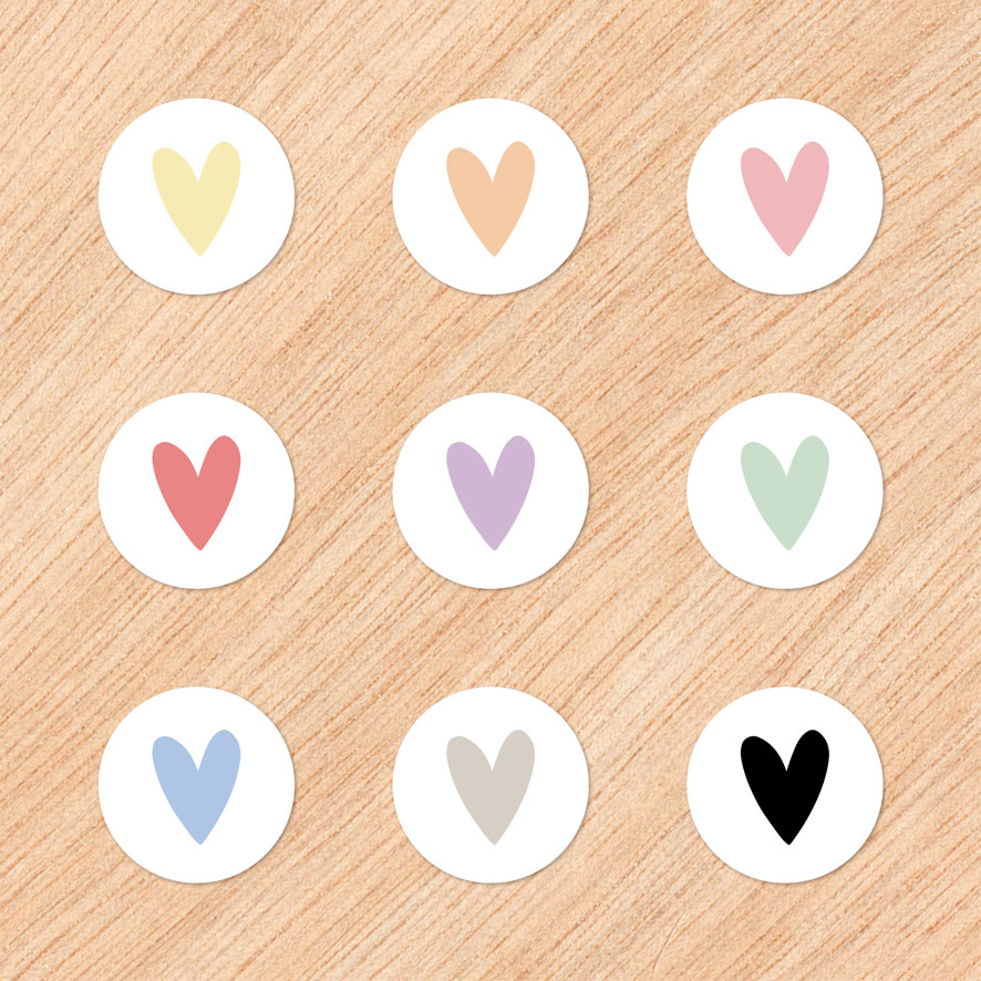 Stickers 'Hartje' gekleurd lichtgeel, lichtoranje, lichtroze, lichtrood, lichtpaars, lichtgroen, lichtblauw, lichtbruin, zwart rond 30mm en 40mm