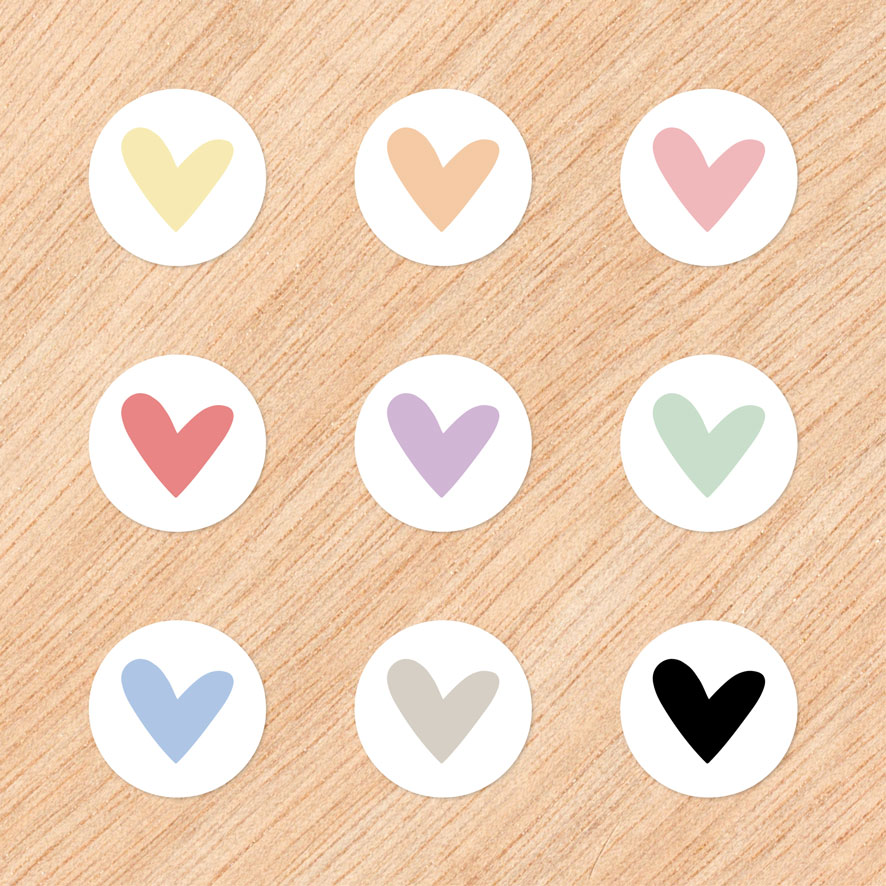 Stickers 'Hartje' gekleurd pastel lichtgeel, lichtoranje, lichtroze, lichtrood, lichtpaars, lichtgroen, lichtblauw, lichtbruin, zwart rond 30mm en 40mm