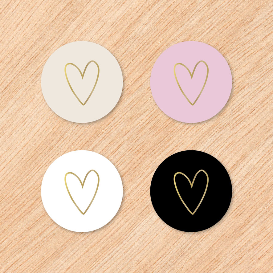 Stickers 'Hartje' gouden lijn crème, lichtroze, wit, zwart rond 30mm en 40mm