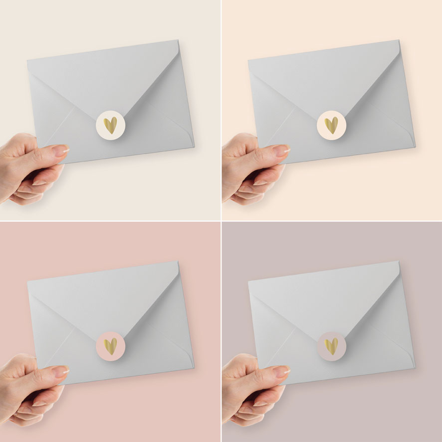 Stickers 'Hartje' kleurverloop goud crème, roze, lichtroze, donkerbruin rond envelop