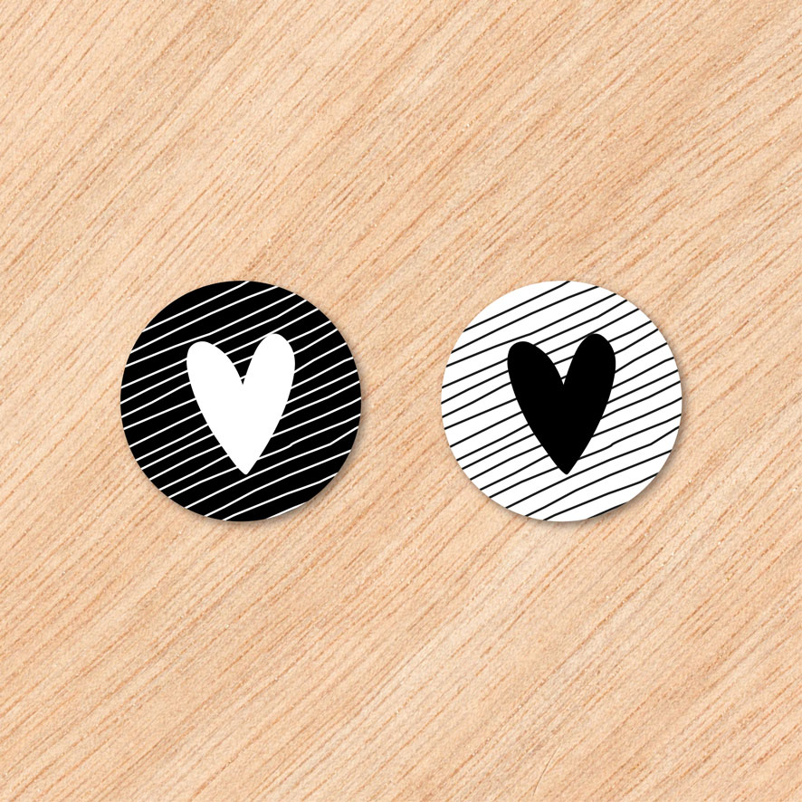 Stickers 'Hartje' lijnen zwart, wit rond 30mm en 40mm