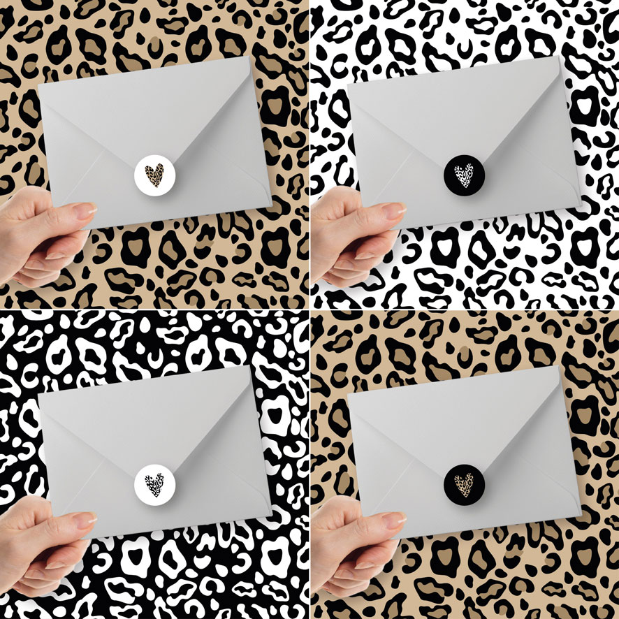Stickers 'Hartje' Panterprint lichtbruin, donkerbruin, wit, zwart rond envelop