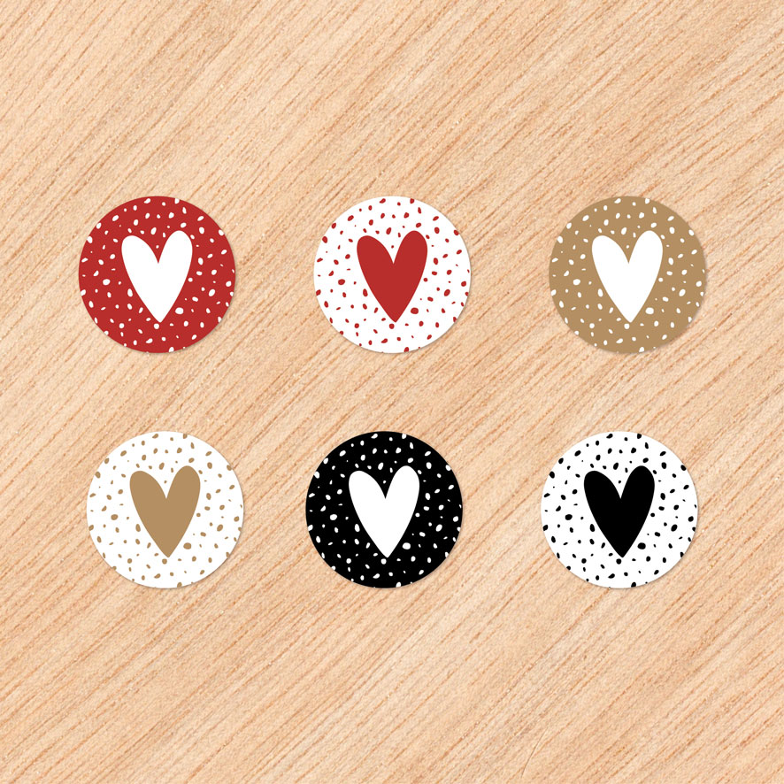 Stickers 'Hartje' stipjes rood, lichtbruin, wit, zwart rond 30mm en 40mm