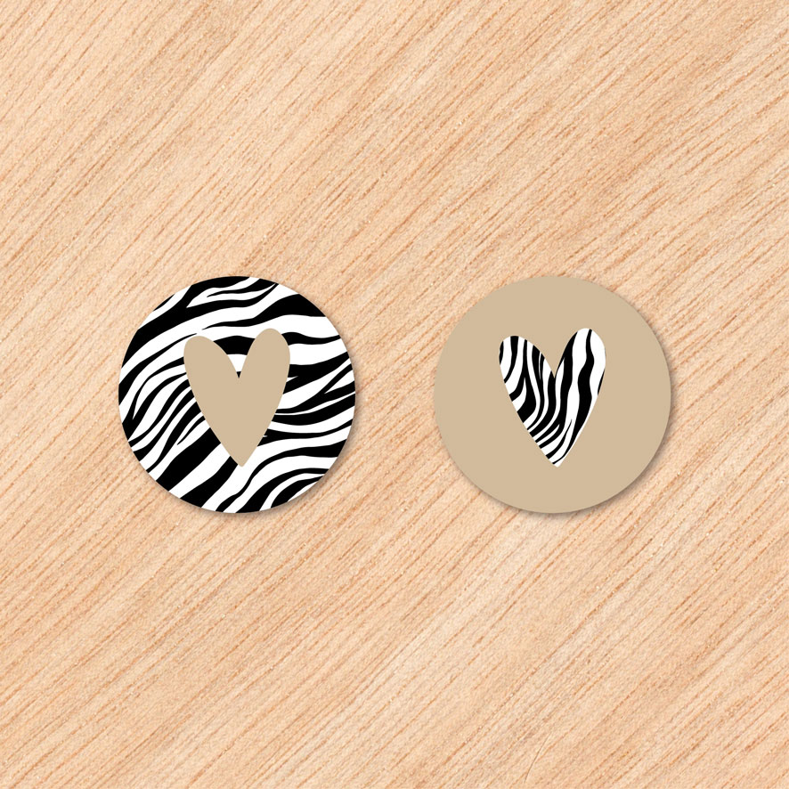 Stickers 'Hartje' Zebra print, lichtbruin rond 30mm en 40mm