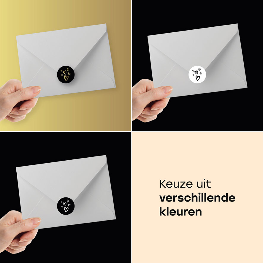 Stickers 'Hartjes' lijnen goud, wit, zwart rond envelop