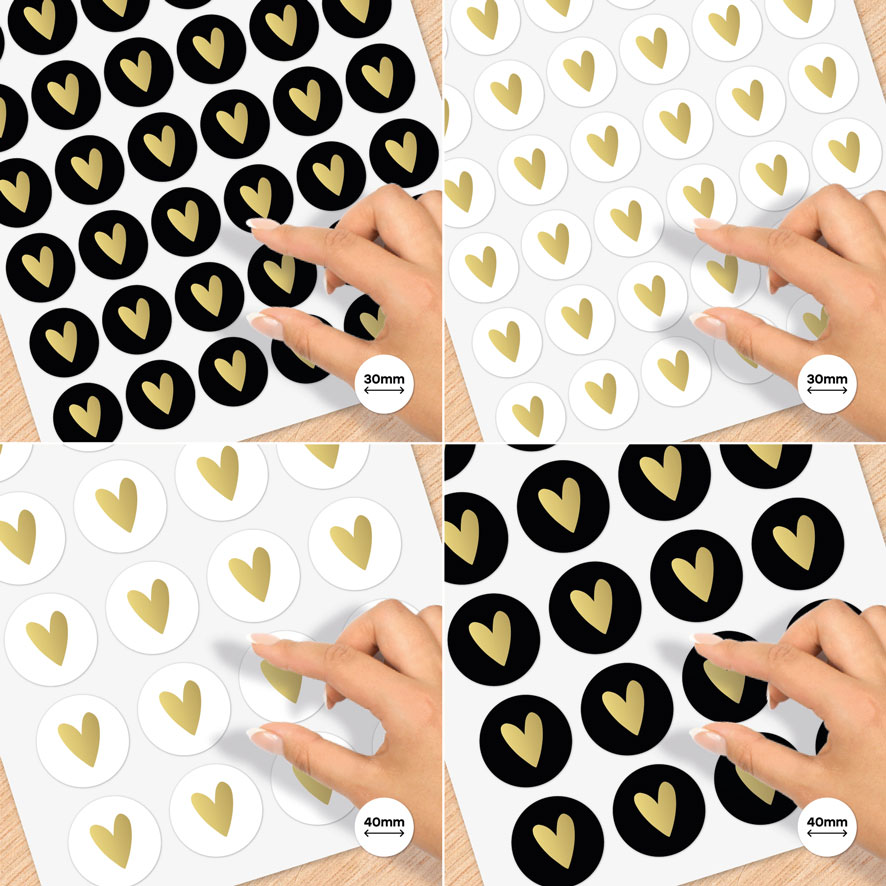 Stickervel A4 stickers 'Hartje' goud, zwart, wit rond 30mm en 40mm