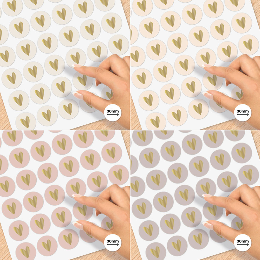 Stickervel A4 stickers.'Hartje' kleurverloop goud, crème, lichtroze, roze, donkerbruin, rond 30mm