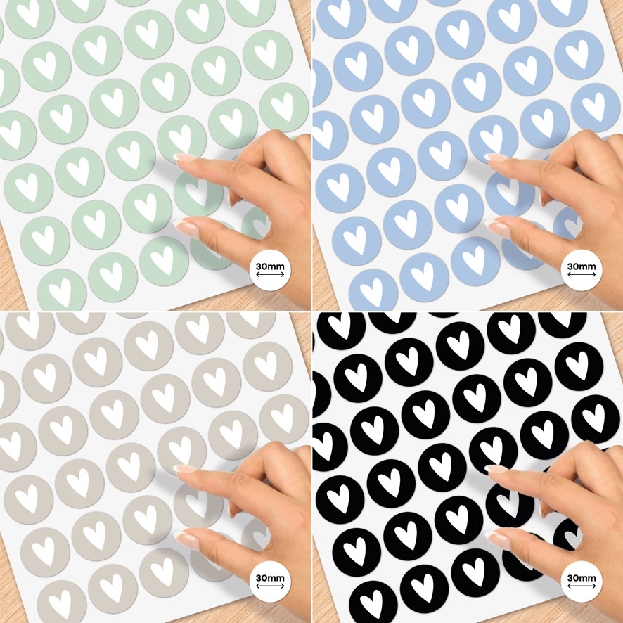 Stickervel A4 stickers 'Hartje' lichtgroen, lichtblauw, lichtbruin, zwart rond 30mm