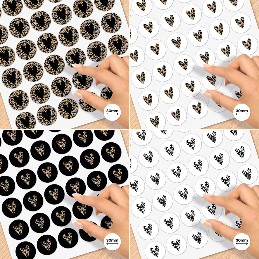 Stickervel A4 stickers 'Hartje' Panterprint lichtbruin, donkerbruin, wit, zwart rond 30mm
