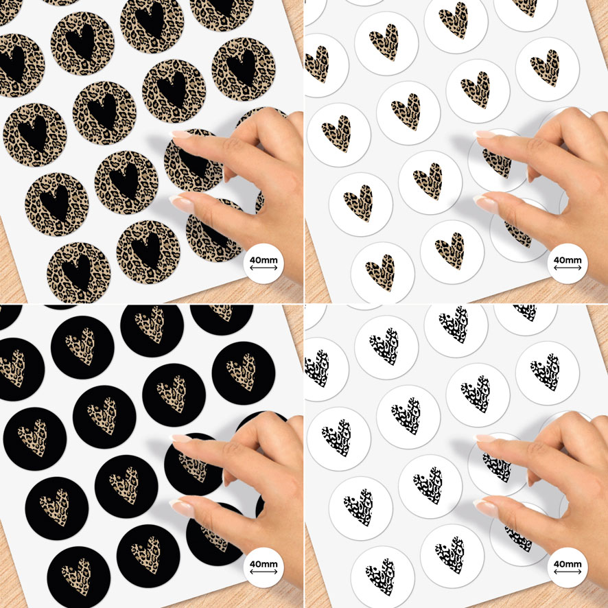 Stickervel A4 stickers 'Hartje' Panterprint lichtbruin, donkerbruin, wit, zwart rond 40mm
