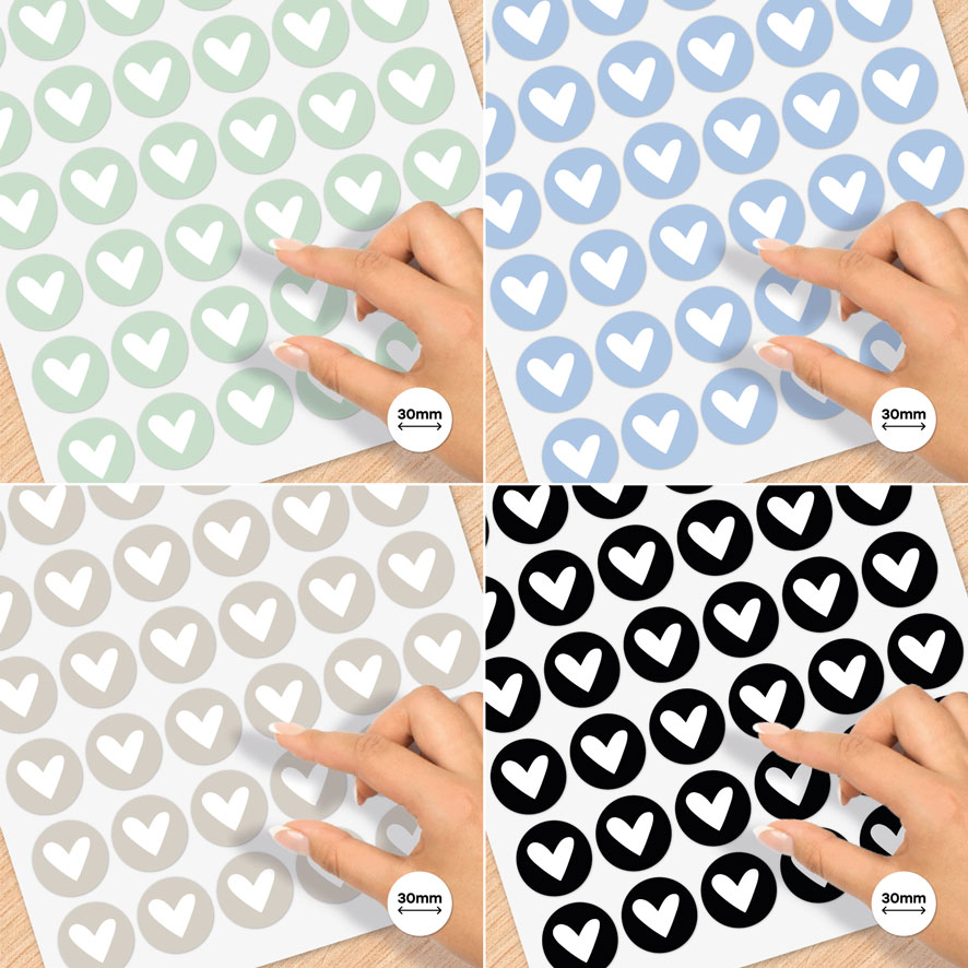 Stickervel A4 stickers 'Hartje' pastel lichtgroen, lichtblauw, lichtgrijs, zwart rond 30mm