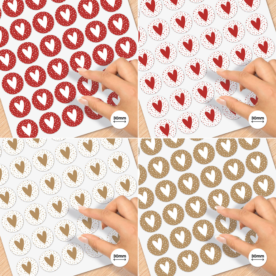 Stickervel A4 stickers 'Hartje' stipjes rood, wit, lichtbruin rond 30mm