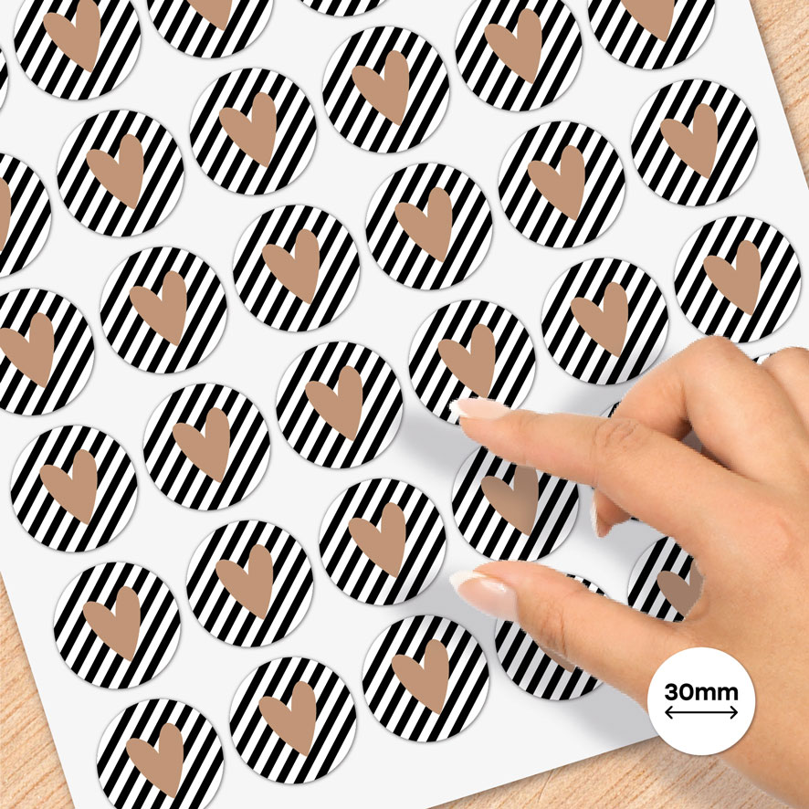 Stickervel A4 stickers 'Hartje' strepen lichtbruin, zwart, wit rond 30mm