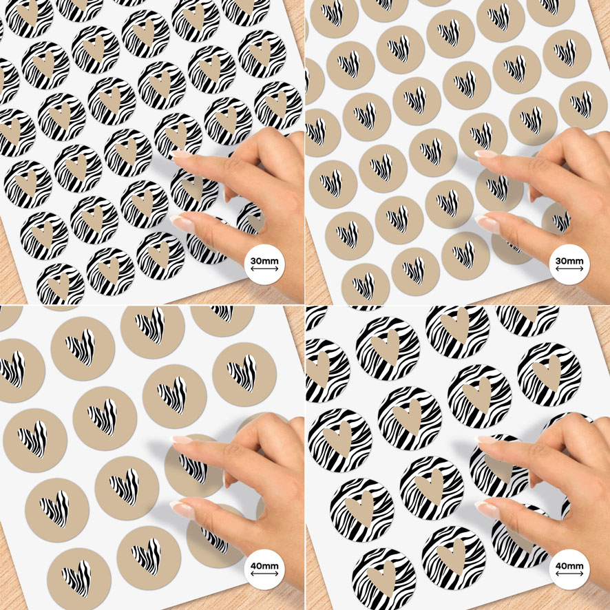 Stickervel A4 stickers 'Hartje' Zebra print, lichtbruin rond 30mm en 40mm