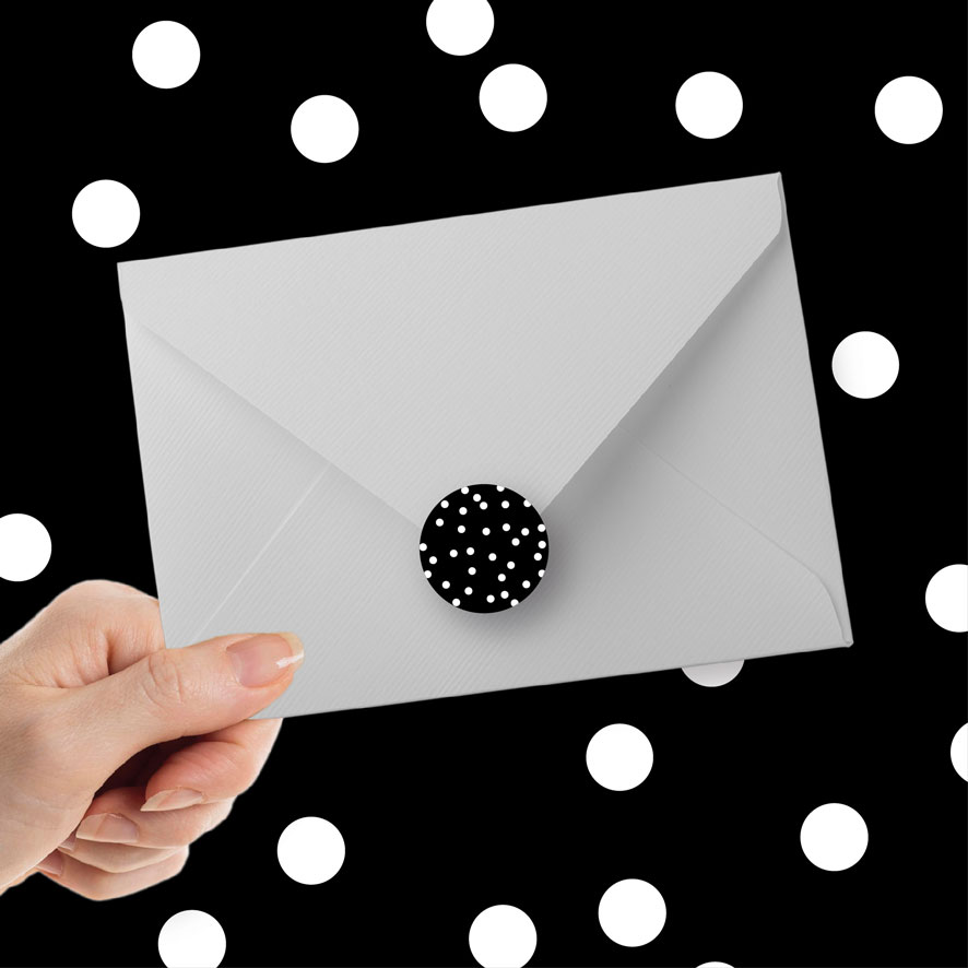 Sticker 'Confetti' zwart rond patronen envelop