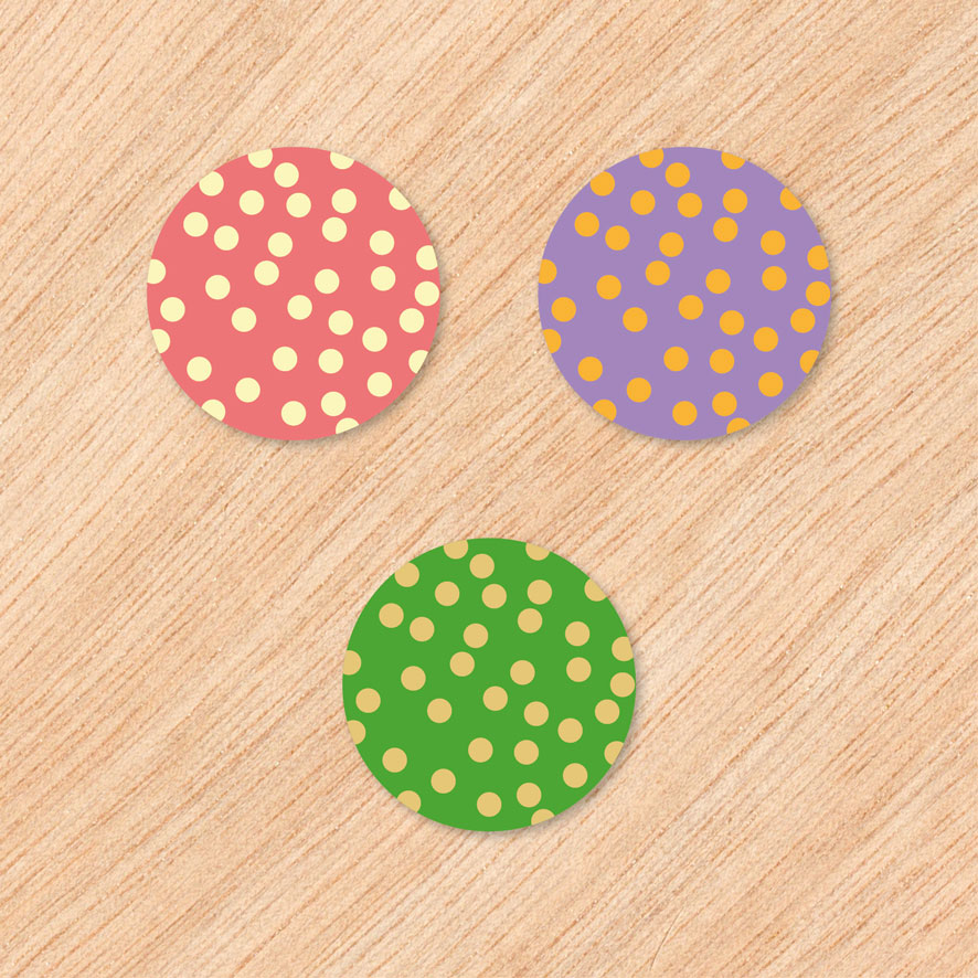 Sticker 'Confetti' gekleurd lichtrood, lichtgeel, lichtpaars, lichtoranje, lichtgroen, lichtbruin rond 30mm en 40mm patronen