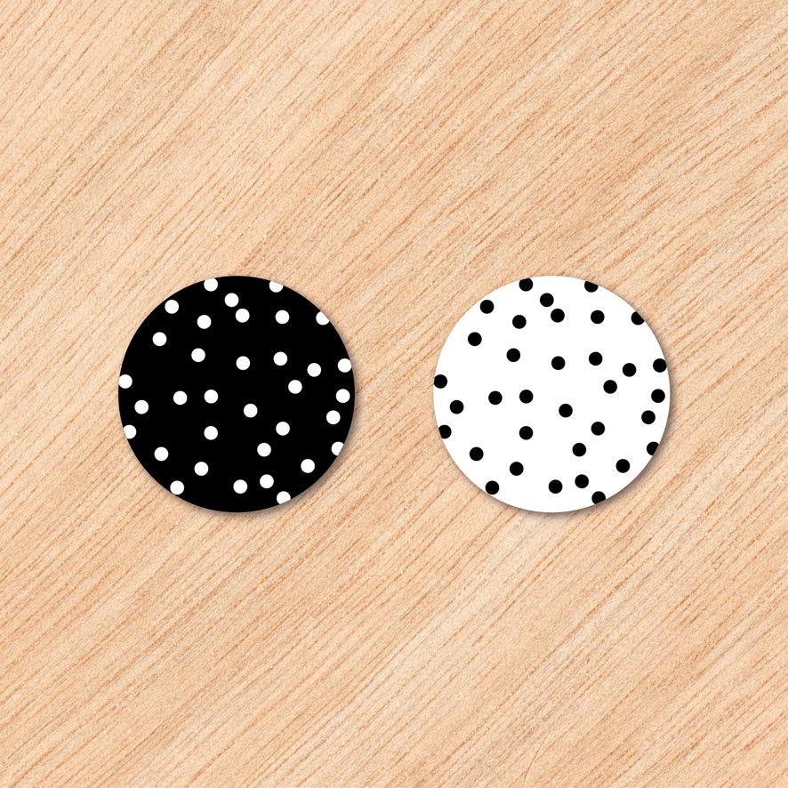 Stickers 'Confetti' zwart, wit rond 30mm en 40mm patronen