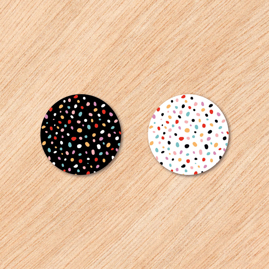 Stickers 'Gekleurde stippen' zwart, wit rond 30mm en 40mm patronen
