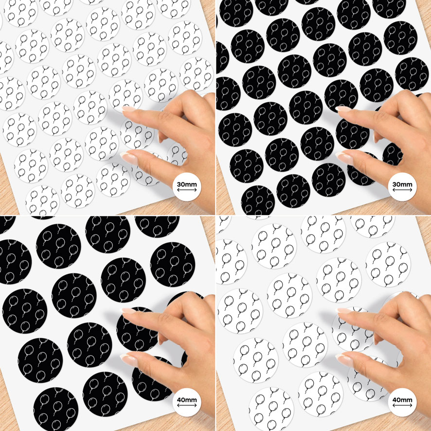 Stickervel A4 stickers 'Ballonen' zwart, wit rond 30mm en 40mm patronen