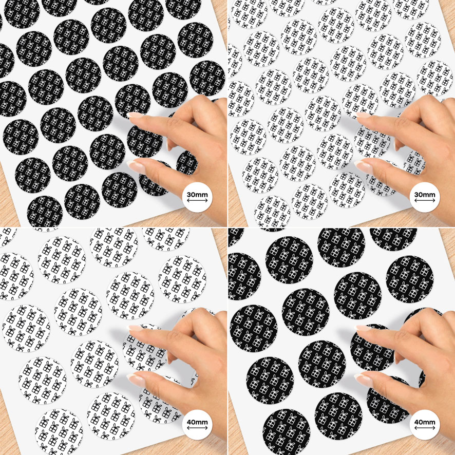 Stickervel A4 stickers 'Cadeautjes' zwart, wit rond 30mm patronen