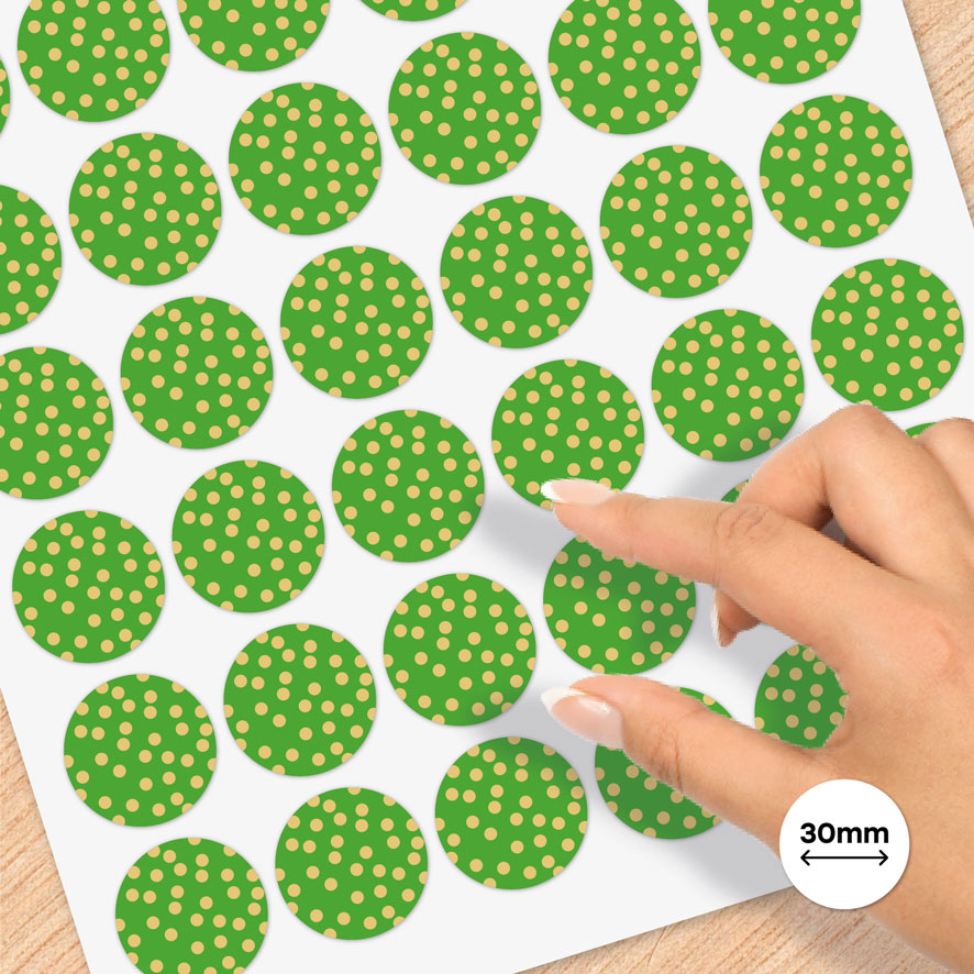 Stickervel A4 stickers 'Confetti' gekleurd lichtgroen, lichtbruin rond 30mm patronen