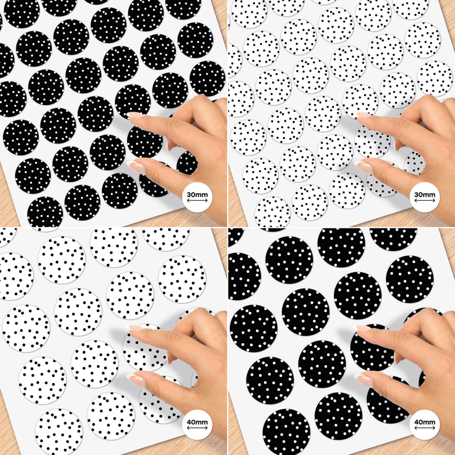 Stickervel A4 stickers 'Confetti' zwart, wit rond 30mm en 40mm patronen