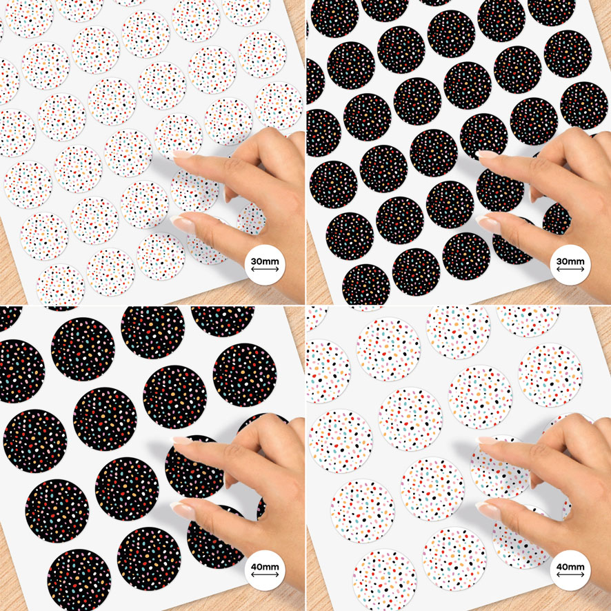 Stickervel A4 stickers 'Gekleurde stippen' zwart, wit rond 30mm en 40mm patronen