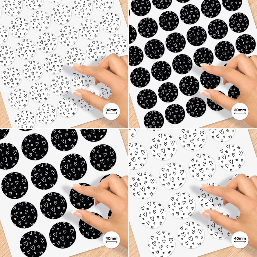 Stickervel A4 stickers 'hartjes' lijnen zwart, wit rond 30mm en 40mm patronen