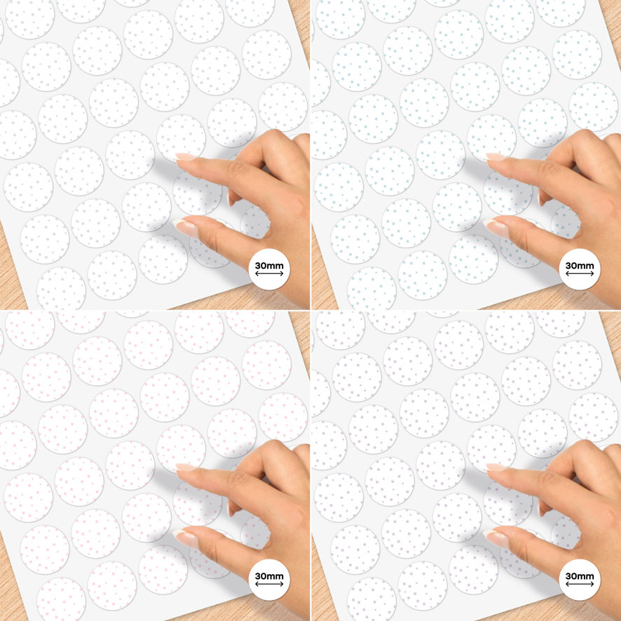 Stickervel A4 stickers 'Ronde stippen' gekleurd klein groot lichtgrijs, lichtblauw, lichtroze, lichtpaars rond 30mm patronen