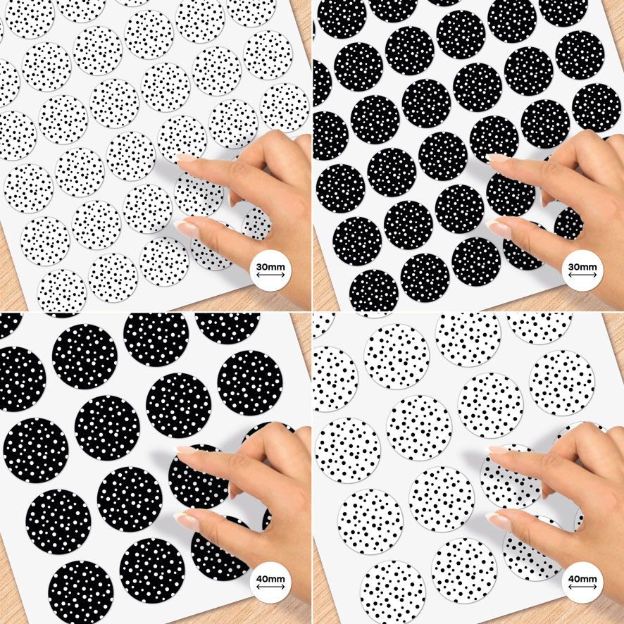 Stickervel A4 stickers 'Ronde stippen' klein groot zwart, wit rond 30mm en 40mm patronen