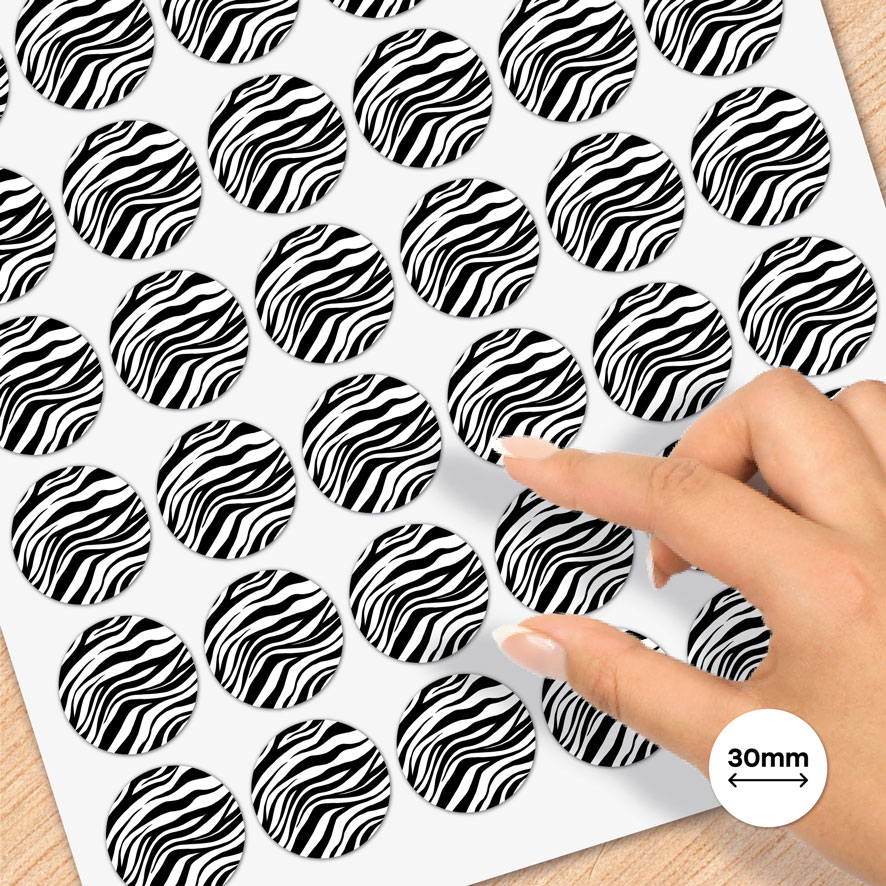 Stickervel A4 stickers 'Zebra print' zwart/wit rond 30mm patronen