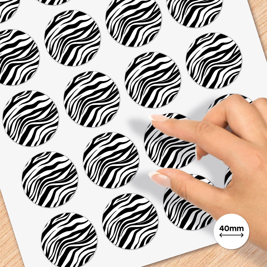 Stickervel A4 stickers 'Zebra print' zwart/wit rond 40mm patronen