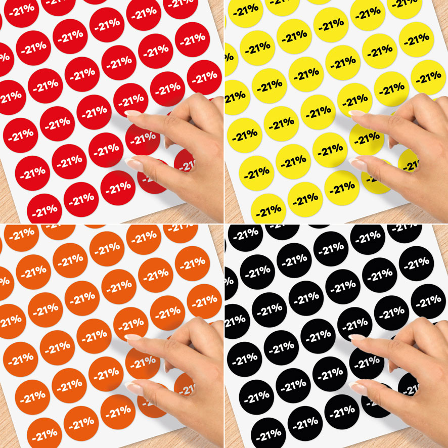 Stickervel A4 stickers kortingsstickers met eigen percentage rood, geel, oranje, zwart rond 30mm