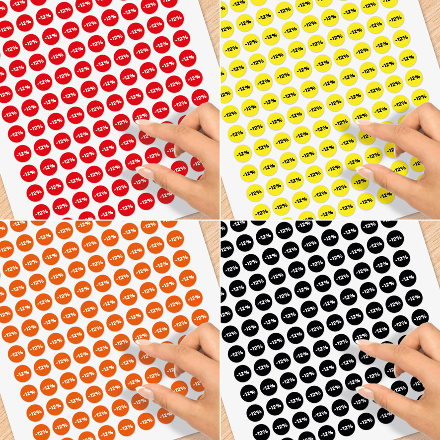 Stickervel A4 kortingsstickers met eigen percentage rood, geel, oranje, zwart rond 15mm