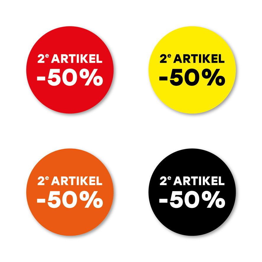 2e artikel 50% korting stickers rood, geel, oranje, zwart rond 30mm