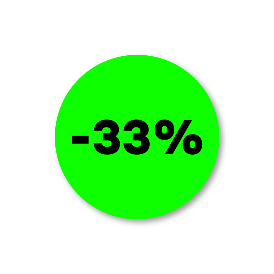 Kortingsstickers fluor groen met eigen percentage rond 30mm