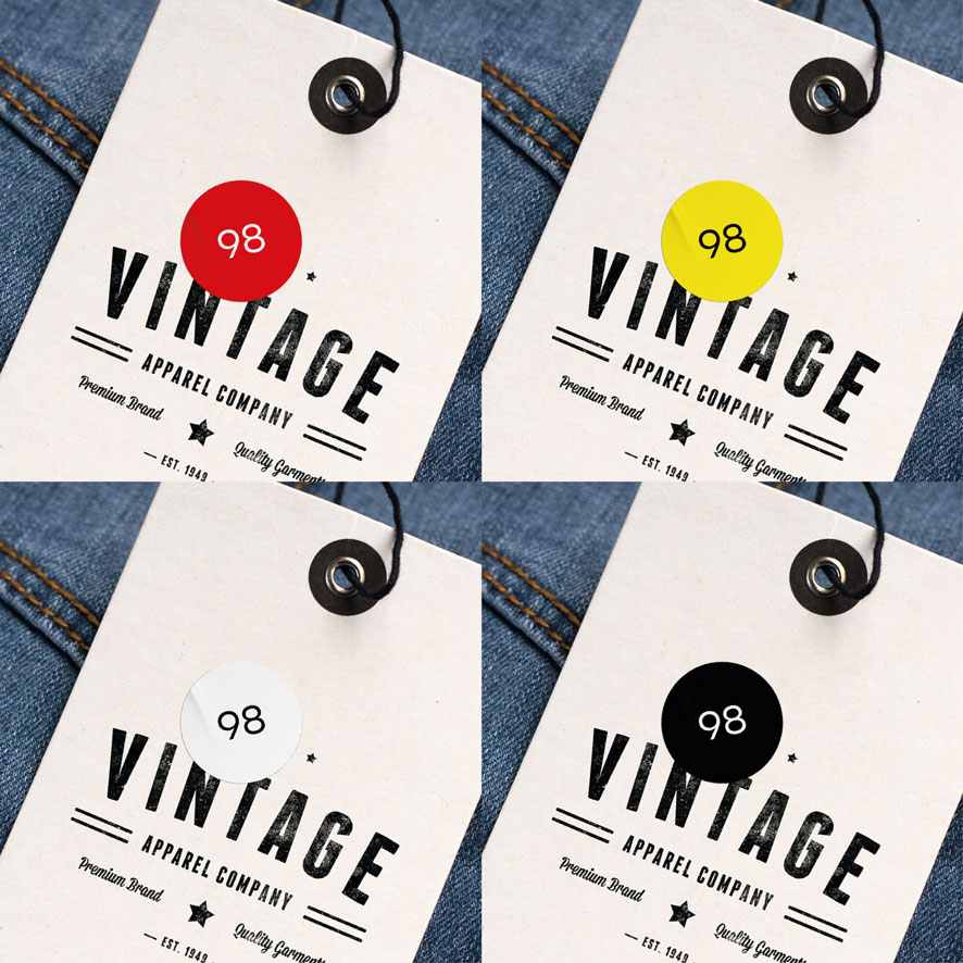 Maatstickers 98 kleding kinderen rood, geel, wit, zwart rond 15mm kleding hangtag