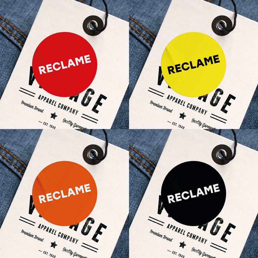 Reclame stickers rood, geel, oranje, zwart rond 30mm kleding hangtag