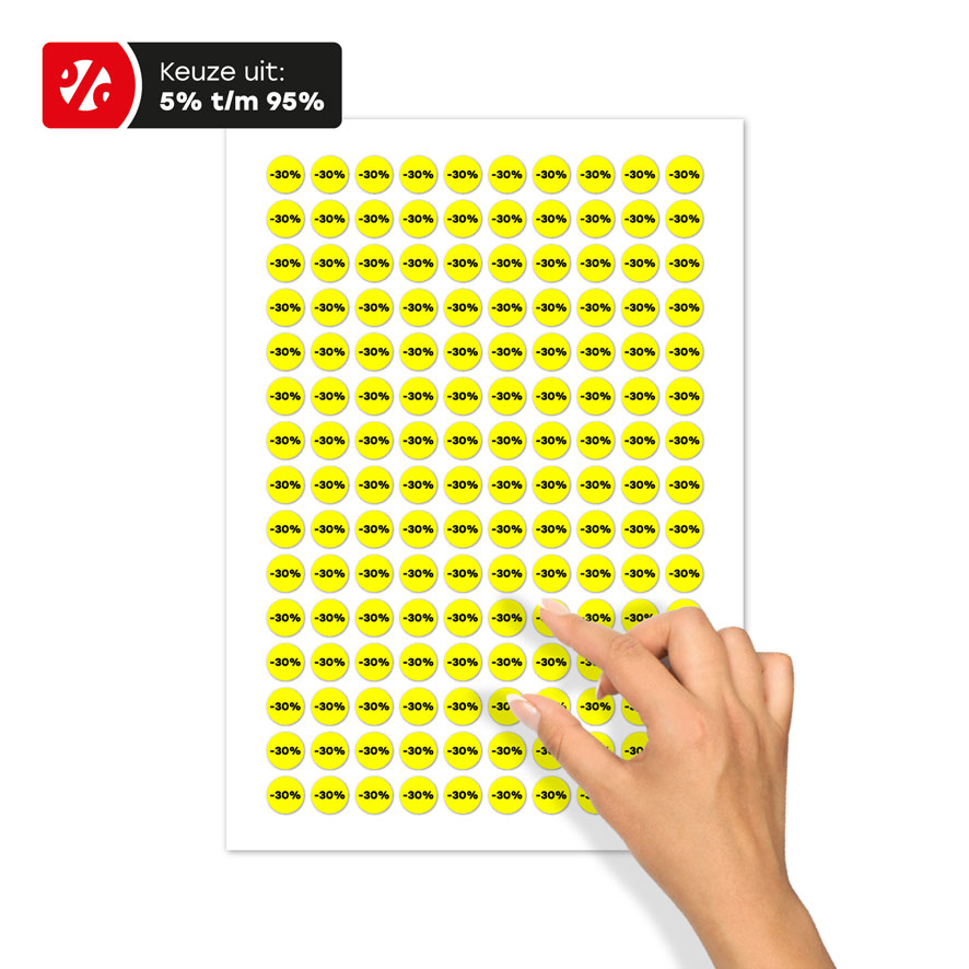 Stickervel A4 kortingsstickers fluor geel-zwart rond 15mm
