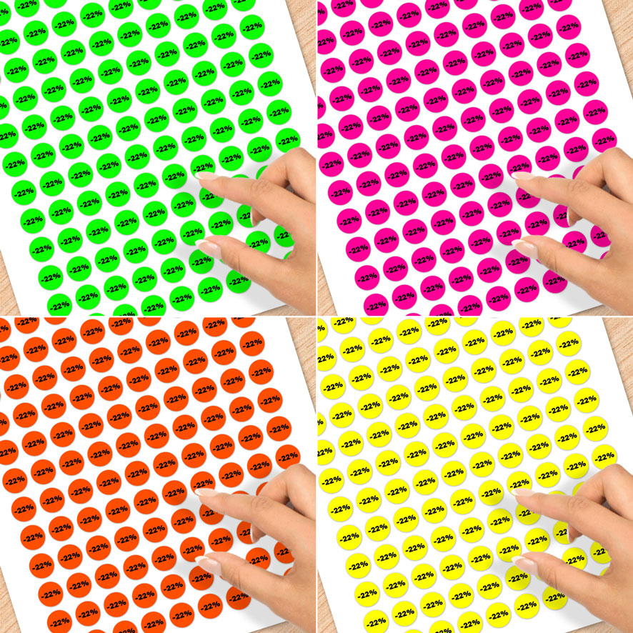 Stickervel A4 stickers kortingsstickers fluor met eigen percentage groen, roze, oranje, geel rond 15mm